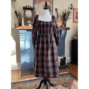 J.Crew Dress L Petite Black Red Plaid Smocked Long Sleeve Midi Cotton Blend PL